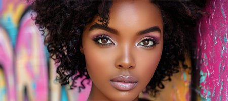 Urban street style model with impeccable makeup and edgy expression in vibrant graffiti environmentの素材