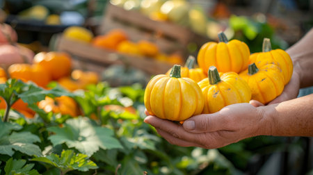 Hand holding yellow squash, fresh selection on blurred background with copy spaceの素材