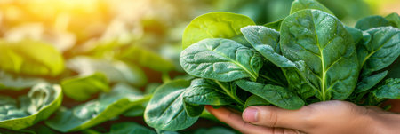 Hand picked spinach leaves on blurred background with copy space for text placementの素材