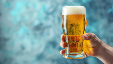 Hand holding beer glass on pastel background with ample text space for placementの素材