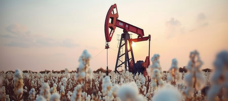 Synergy of energy and agriculture  oil pump in field illustrates harmonious coexistenceの素材