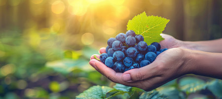 Hand holding fresh grapes on blurred background with copy space for text placementの素材