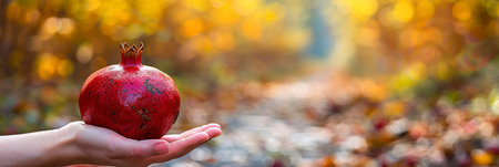 Ripe pomegranate held with blurred background, ideal for text placement and pomegranate loversの素材