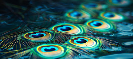 Close up macro photography showcasing vivid peacock feather details in stunning backgroundの素材
