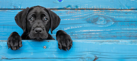 Curious puppy peeking over blue wooden background, cute pet with copy space, animal concept.の素材