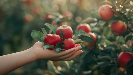 Organic apple held with selection on blurred background, offering ideal copy spaceの素材