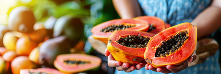 Hand holding fresh juicy papaya, with selection on blurred background, ideal for text placementの素材