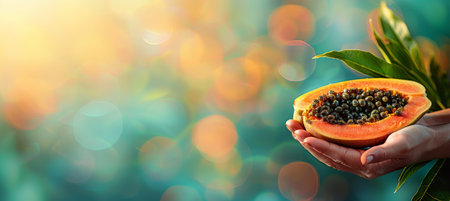 Hand holding ripe papaya on blurred background with copy space, fresh papayas selectionの素材