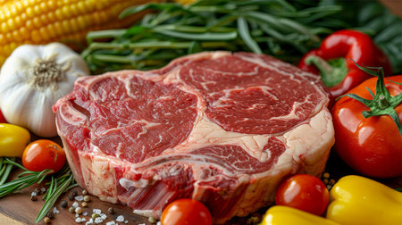 Raw steak with assorted vegetables and greens on white wooden table, top view for food photographyの素材