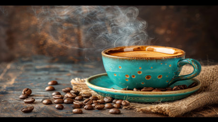 Morning coffee cup with aromatic beans, plate, smoke, and space for text placementの素材