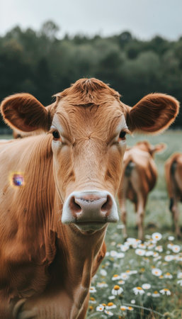 Young calf in a serene daisy field on a summer day, embodying the peaceful farm animal vibeの素材