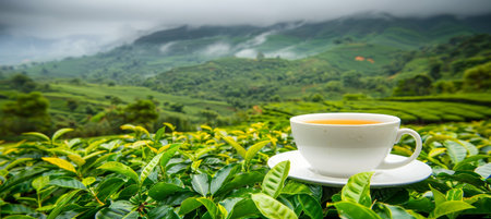 Aromatic coffee cup against lush green mountain plantation with ample space for text placementの素材
