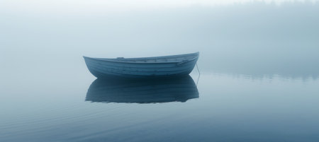 Tranquil boat on calm sea waters near beachline, pastel monochromatic landscape with copy spaceの素材