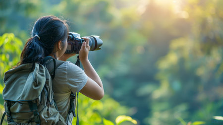 Female hiker finding motivation in nature while exploring mountains for outdoor adventureの素材