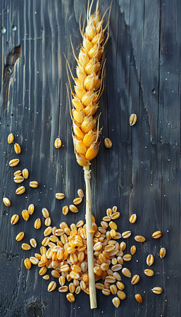 Organic golden wheat grains on wooden table background, offering ample space for text placementの素材