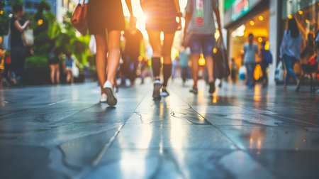 Urban crowd walking on city street, focus on diverse legs in stylish shoes, urban backgroundの素材