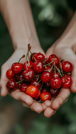 Hand holding ripe cherries, selection on blurred background with ample space for text placementの素材