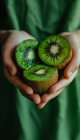 Vibrant kiwi held in hand with selection on blurred background, copy space availableの素材