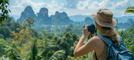 Female hiker exploring mountain landscape for outdoor adventure with motivation and copy spaceの素材