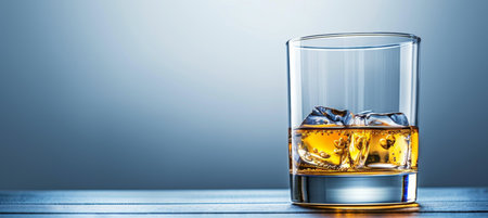Whiskey glass with ice cubes on minimalistic background, ideal for text placementの素材