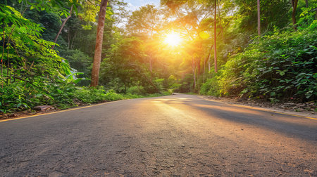 Enchanting forest path  tranquil nature landscape with trees, highway, and pathwayの素材