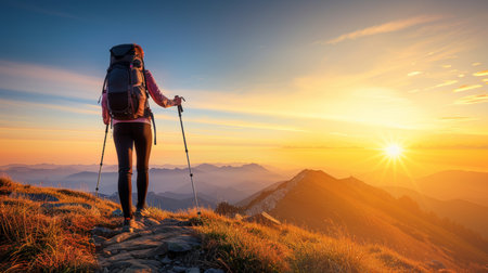 Female hiker exploring mountain landscape for outdoor adventure, motivation, and nature explorationの素材