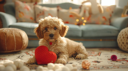 White fluffy puppy on plush rug in cozy living room with heart toy, basking in sunlight.の素材