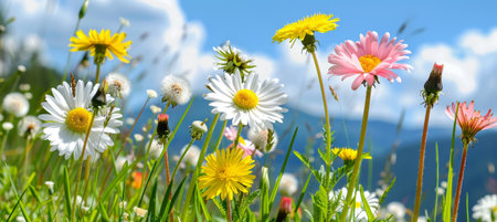 A serene meadow with white and pink daisies and golden dandelions in soft evening lightの素材