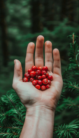 Fresh tart cranberries held in hand amidst selection on blurred background with copy spaceの素材
