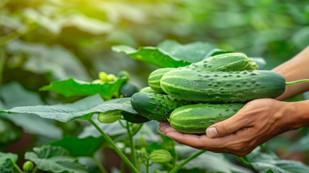 Freshly picked cucumber held in hand, variety of cucumbers on blurred background with space for textの素材