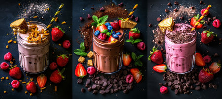 Professional food photography of three milkshakes  chocolate and strawberry flavorsの素材