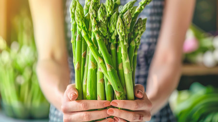 Hand holding fresh asparagus with selection on blurred background, copy space availableの素材