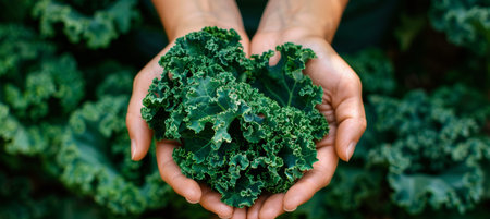 Freshly picked nutritious kale held in hand against blurred background with copy spaceの素材