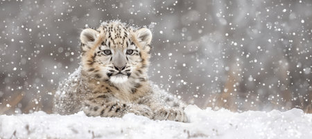 Snow leopard blending into snowy natural habitat, utilizing camouflage in the wildの素材