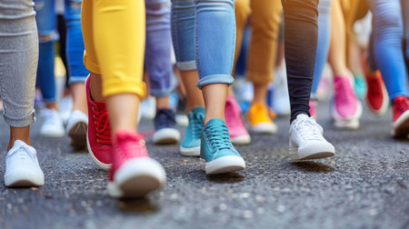 Urban crowd on city street, diverse feet in different shoes walking, urban backdropの素材