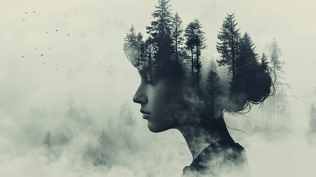 Surreal double exposure  woman s silhouette blended with enchanting forest landscapeの素材
