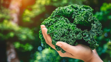 Hand holding fresh kale on blurred background, ideal for text placement in nutritious kale selectionの素材