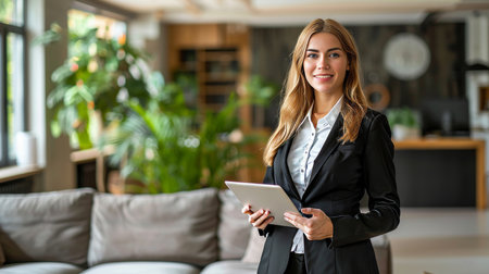 Confident businesswoman in suit holding tablet on solid color background with copy spaceの素材