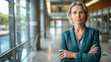 Confident businesswoman standing with arms crossed in office, blurred background with copy spaceの素材