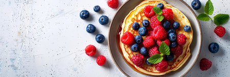 Classic american pancakes with fresh berries and honey on white background, copy space availableの素材