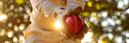 Close up cricket players  hands gripping bat or ball in intense action with copy spaceの素材