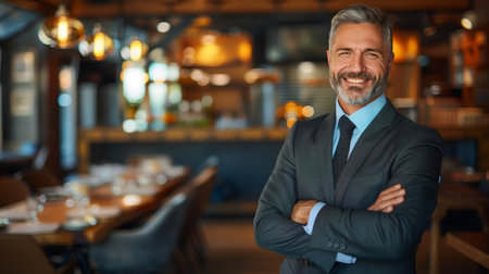 Corporate meeting  smiling businessman and client in office with copy space for text.の素材