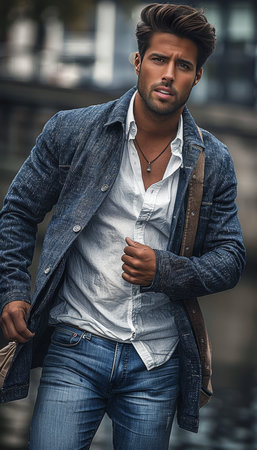 Stylish businessman portrait on blurred background, handsome male model in professional attire poseの素材