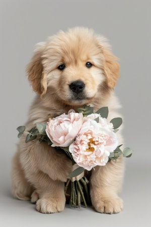 International women s day concept with cute puppy holding delicate flowers, great for greeting cardsの素材