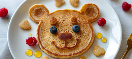 Adorable tiger face pancake breakfast for kids with berries and honey on white plate, copy spaceの素材