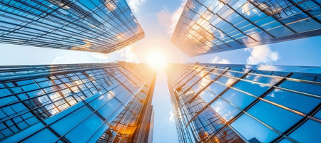 Mirrored skyscrapers and modern business offices against a backdrop of clear blue skyの素材