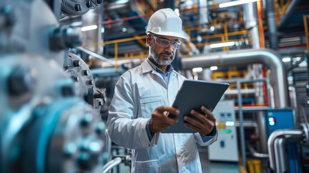 Engineer analyzing operations in oil refinery among machinery and pipelines with warm lightingの素材