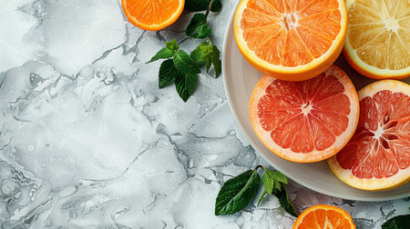 Vibrant fruit platter on white surface for healthy eating ad with space for textの素材