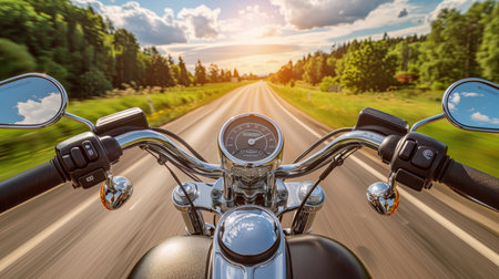 Scenic highway ride at sunset, motorcyclist s point of view on the road adventure.の素材