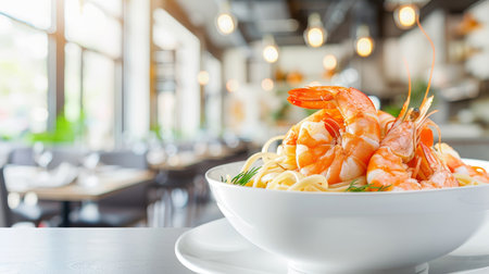 Delicious pasta with seafood on blurred restaurant background, copy space for text placementの素材
